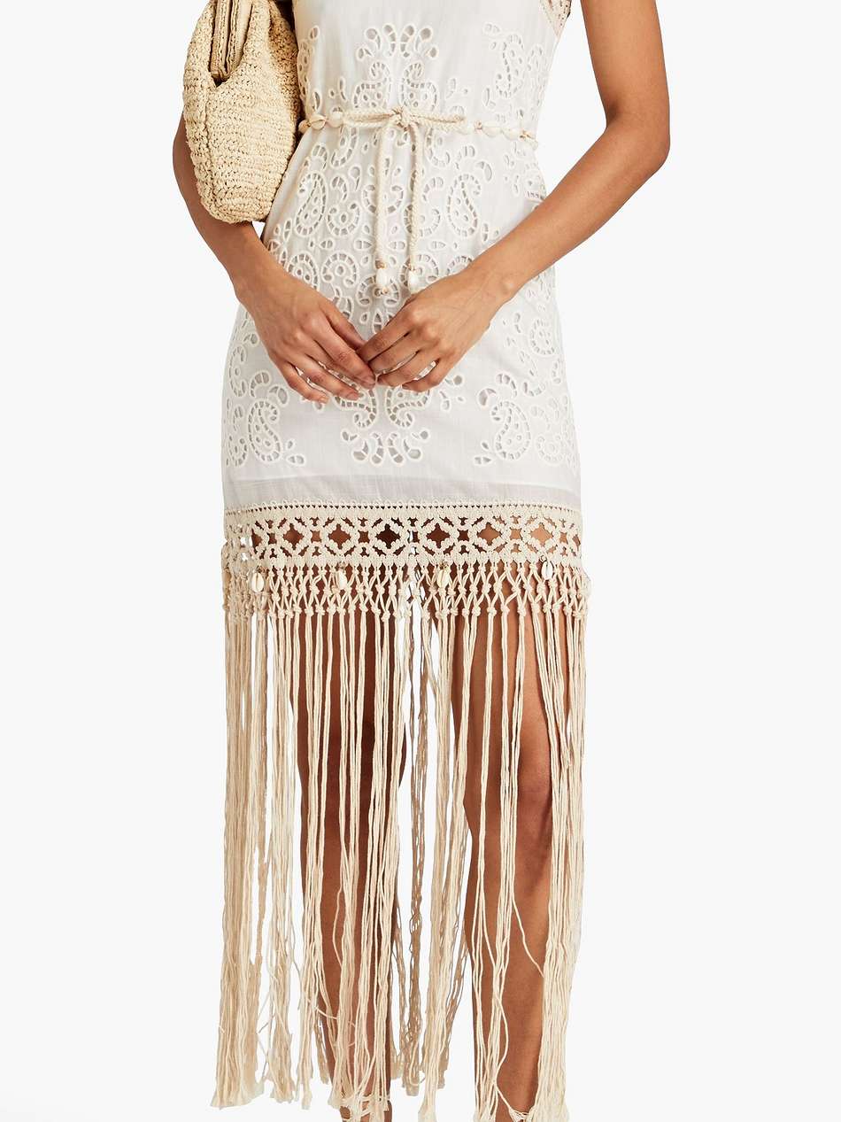 fringed broderie anglaise cotton and macramé maxi dress