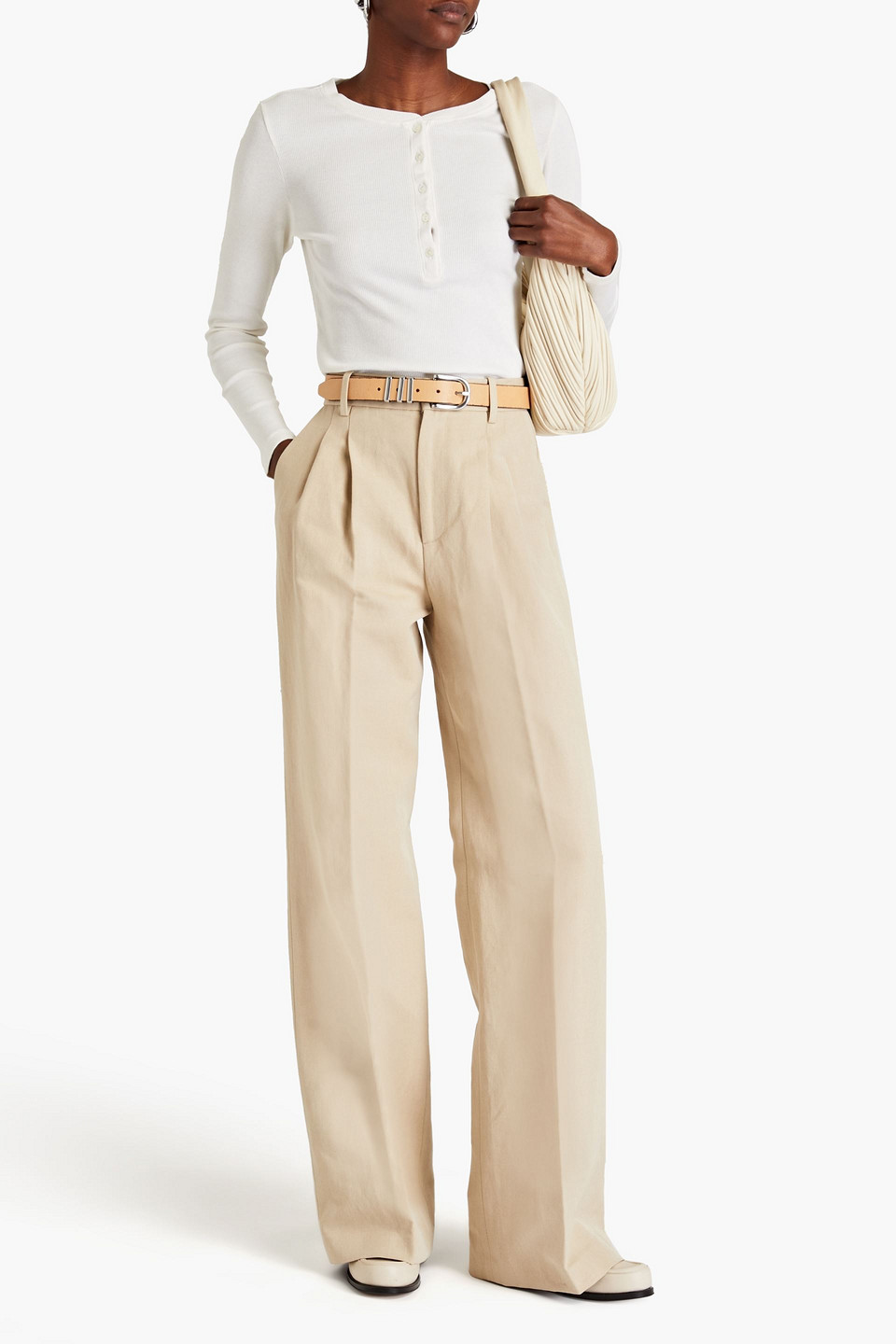 Shop Nili Lotan Pleated Cotton-blend Canvas Wide-leg Pants In Sand