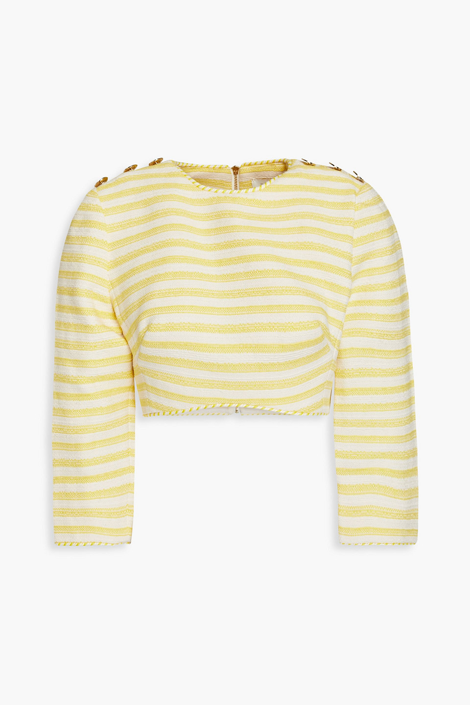 Zimmermann High Tide Cropped Button-embellished Striped Cotton-blend Top In Yellow