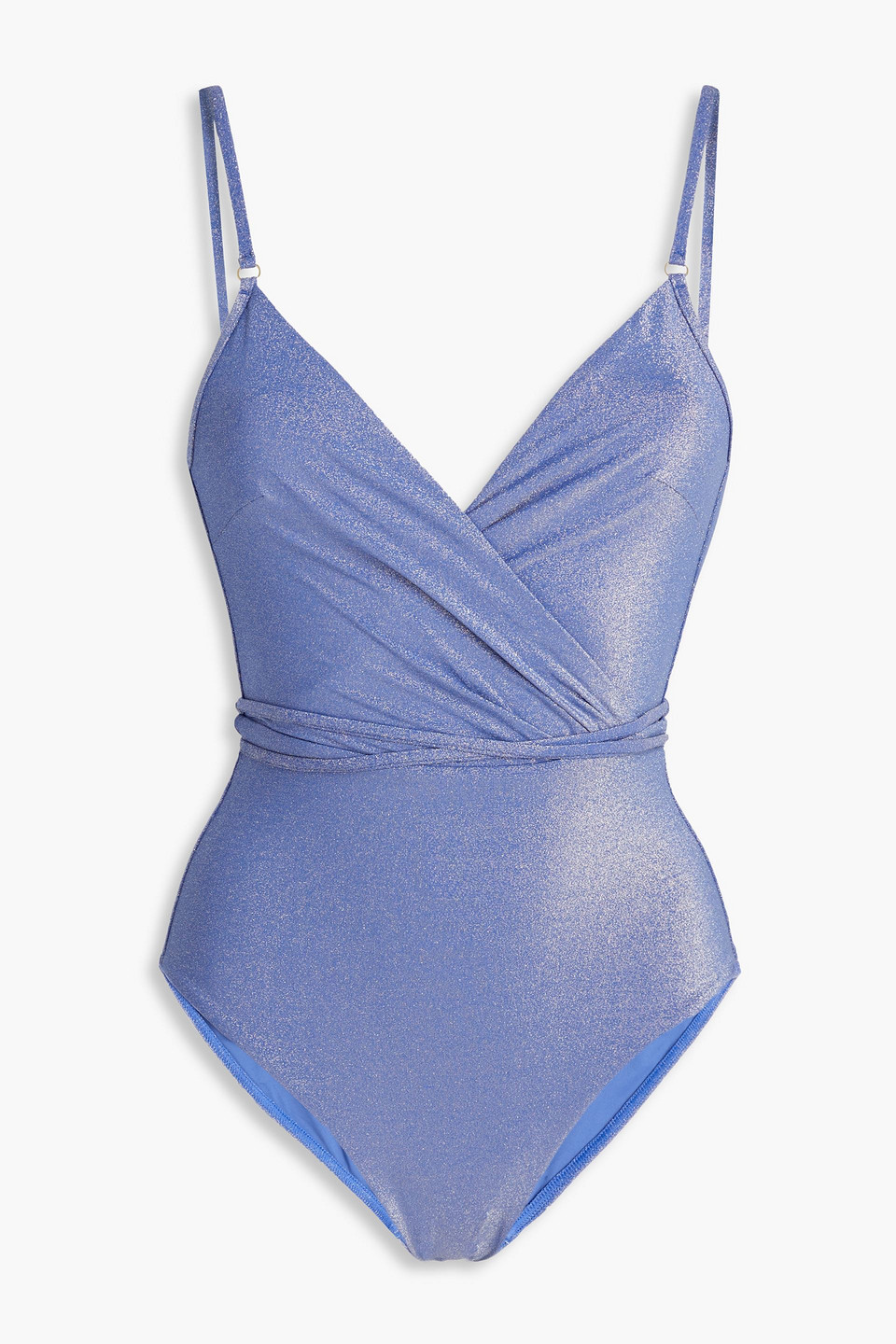 Zimmermann Wrap-effect Metallic Stretch-jersey Swimsuit In Azure