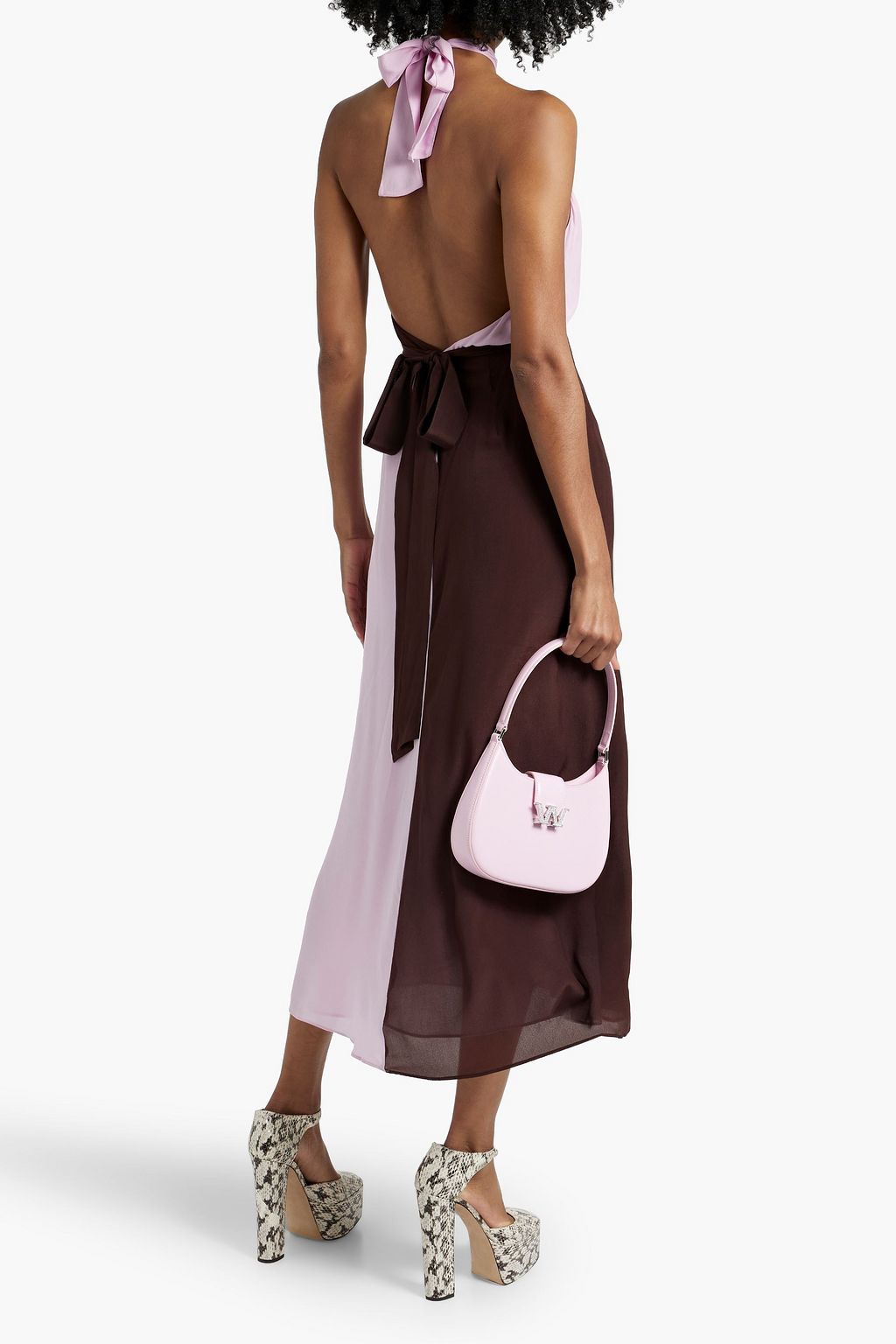RIXO Bluebelle twisted two-tone silk-chiffon halterneck midi wrap dress