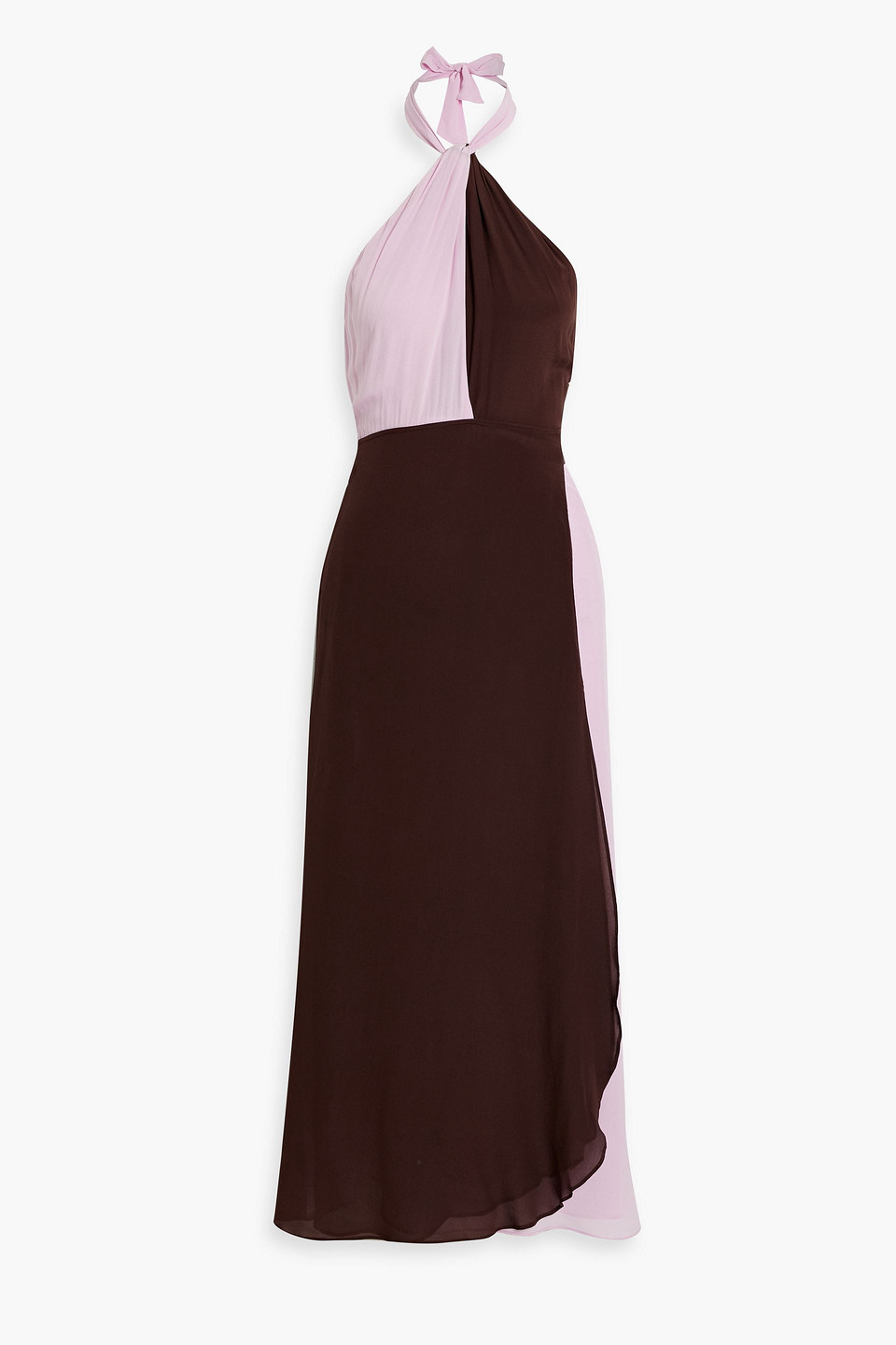 Rixo London Bluebelle Twisted Two-tone Silk-chiffon Halterneck Midi Wrap Dress In Chocolate