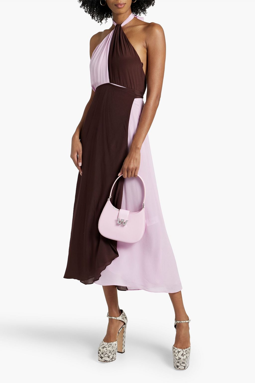 RIXO Bluebelle twisted two-tone silk-chiffon halterneck midi wrap dress