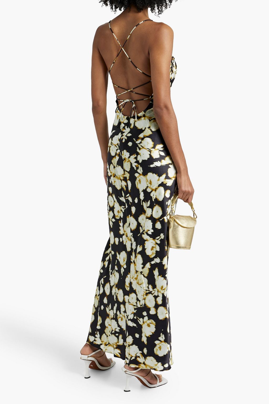 NICHOLAS Ruched floral-print silk-satin maxi dress