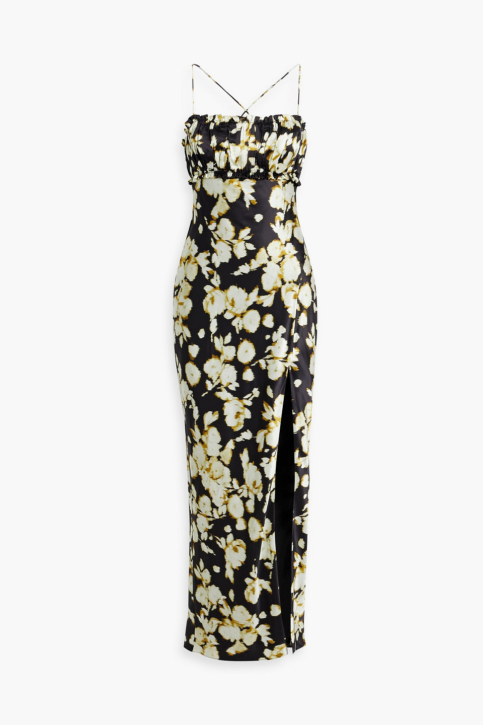 Shop Nicholas Baro Ruched Floral-print Silk-satin Maxi Dress In Black