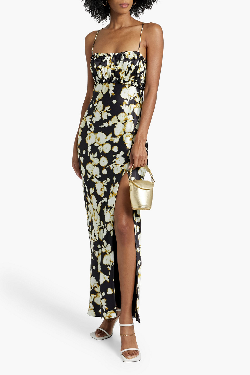 Shop Nicholas Baro Ruched Floral-print Silk-satin Maxi Dress In Black