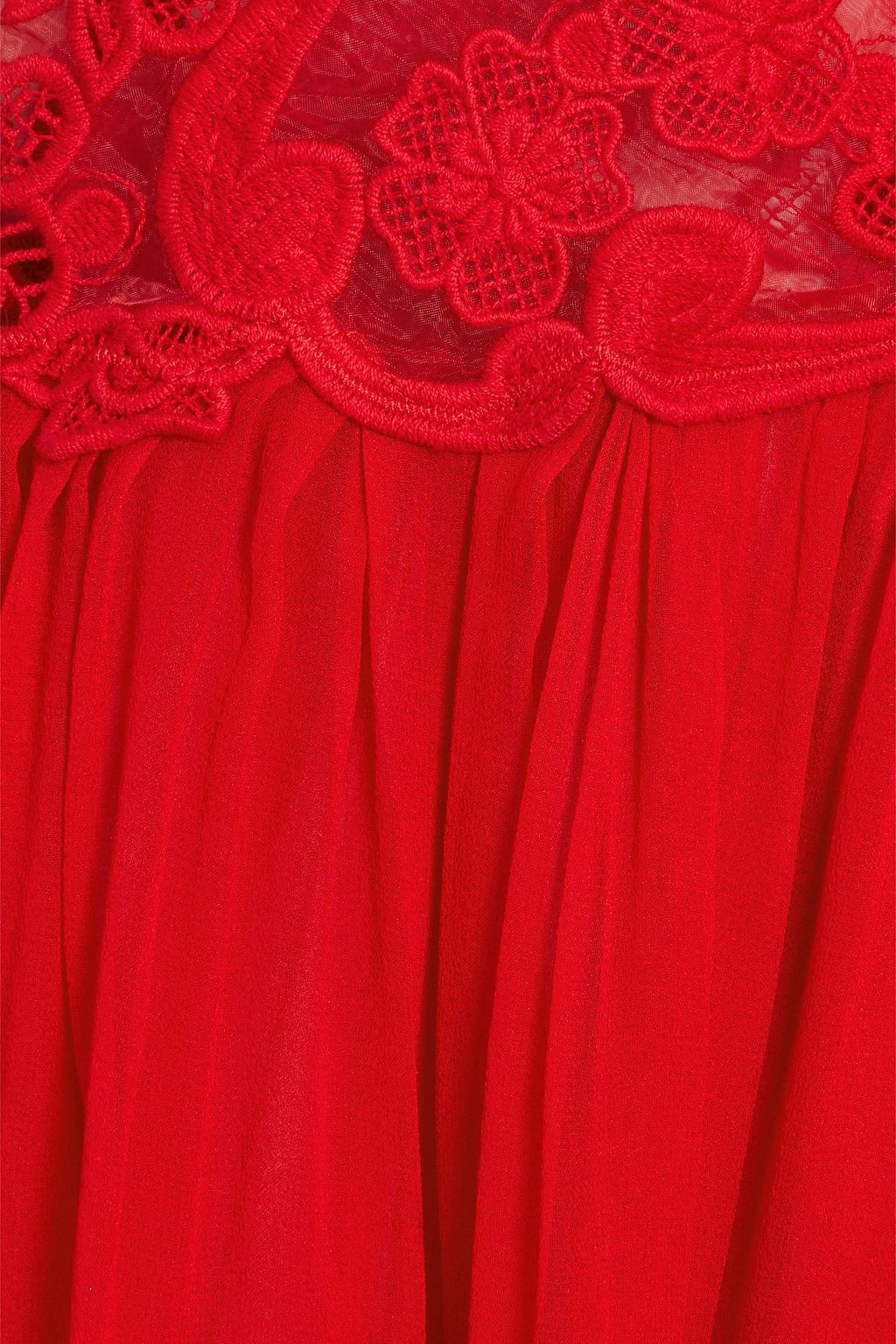 COSTARELLOS Gathered silk-chiffon and crocheted lace gown
