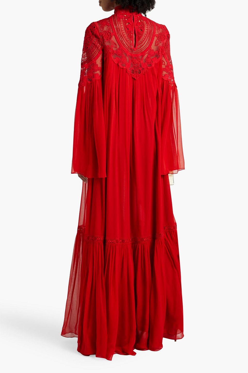 COSTARELLOS Gathered silk-chiffon and crocheted lace gown