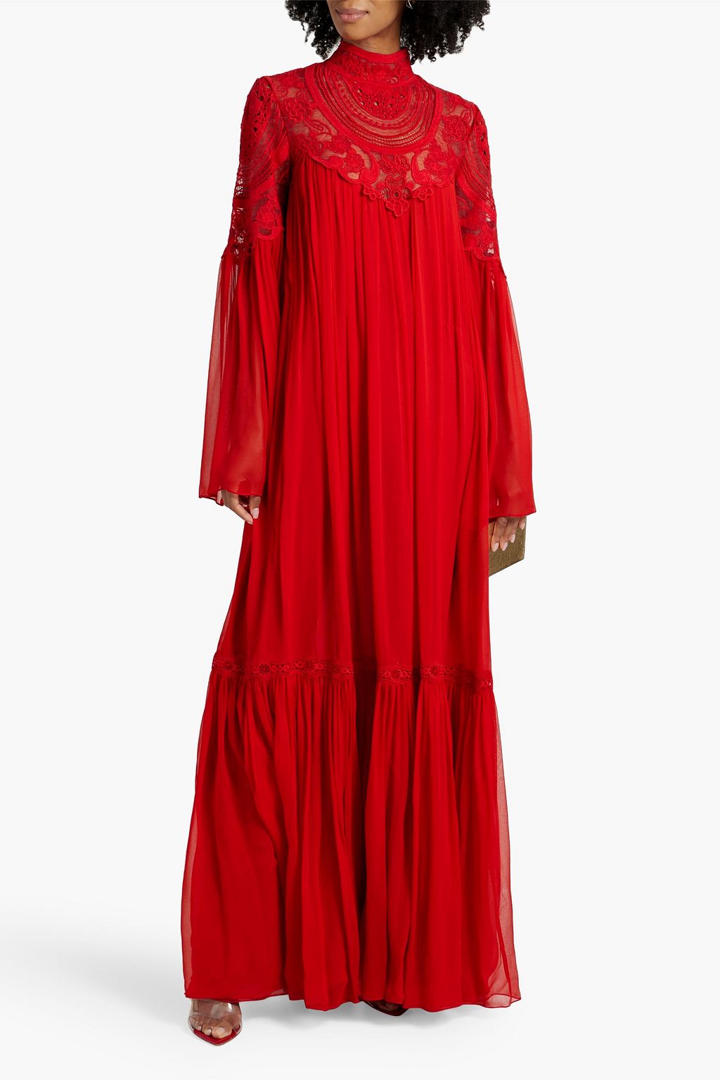 COSTARELLOS Gathered silk-chiffon and crocheted lace gown