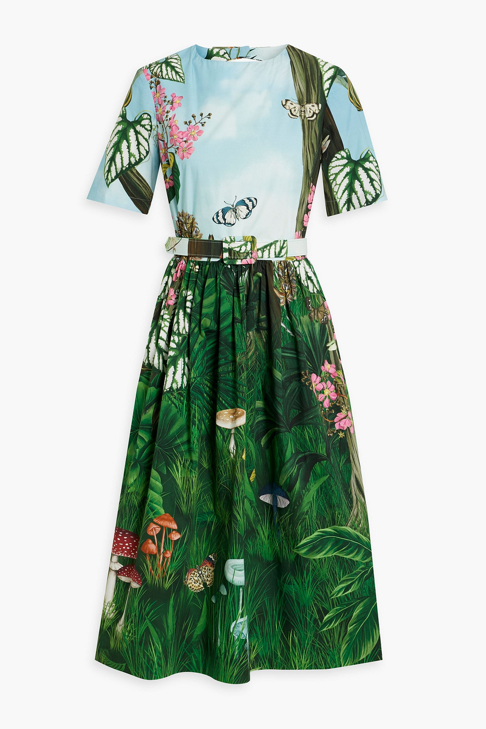 Oscar De La Renta Botanical Forest Print Stretch Poplin Midi Dress In Green