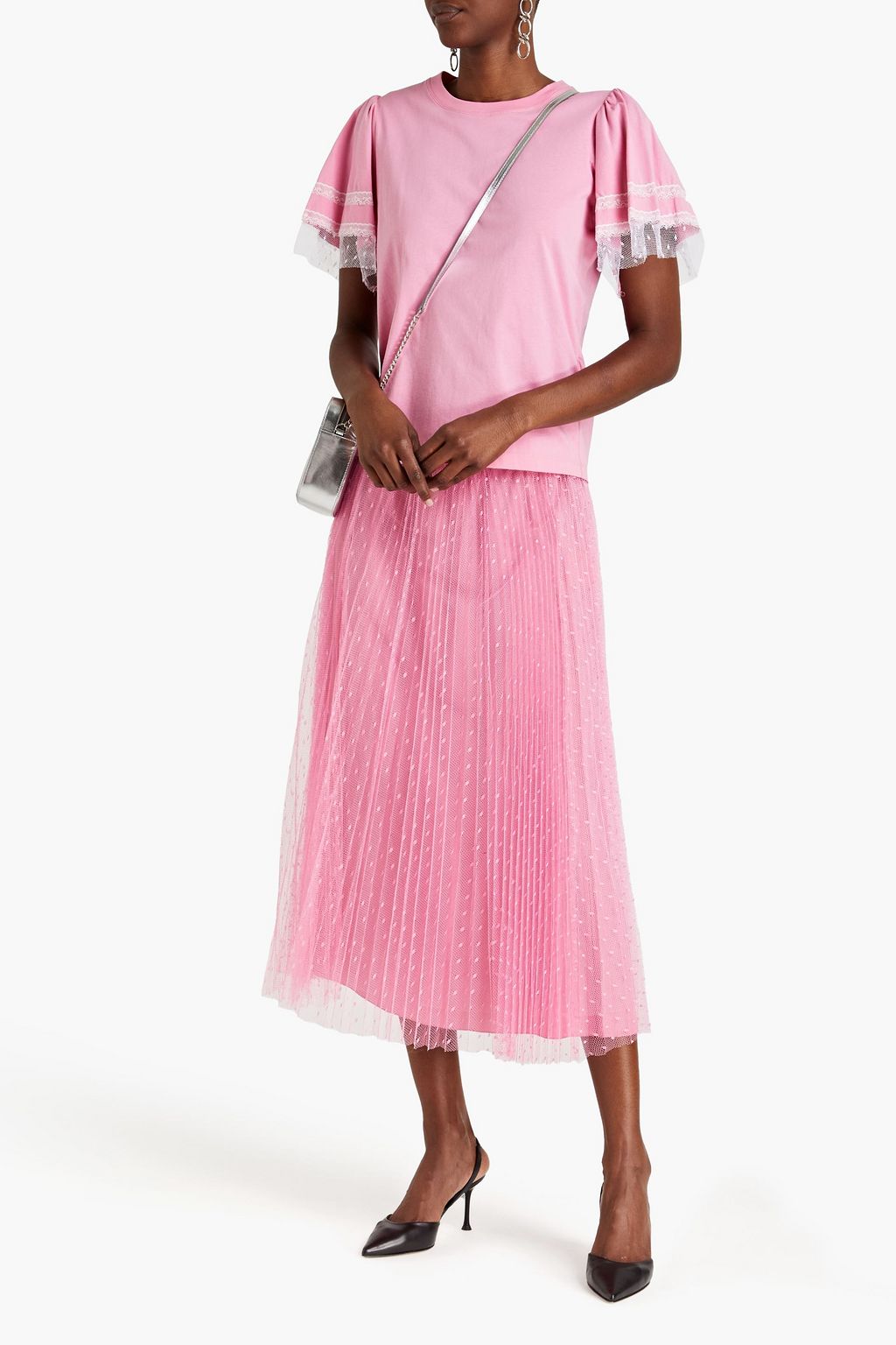 REDVALENTINO Lace-trimmed cotton-jersey T-shirt