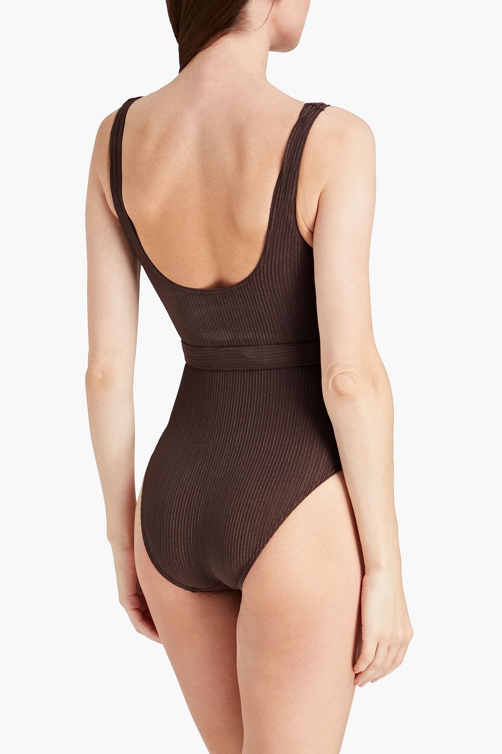 ZIMMERMANN Belted metallic ribbed stretch-jersey swimsuit