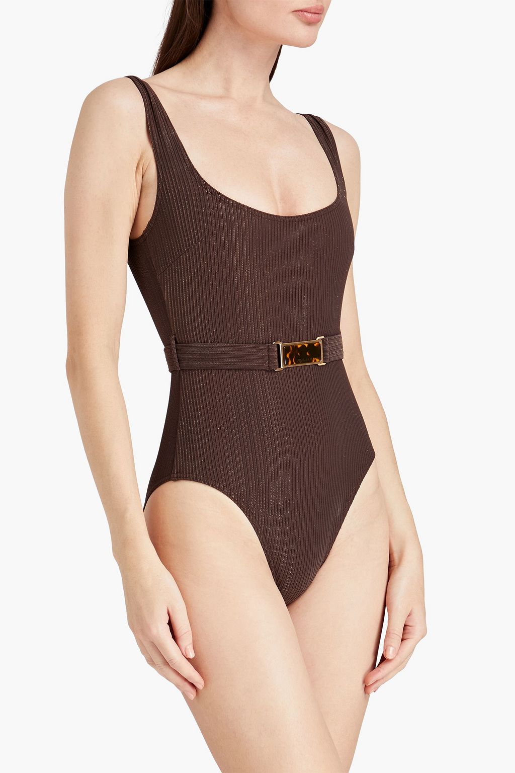ZIMMERMANN Belted metallic ribbed stretch-jersey swimsuit
