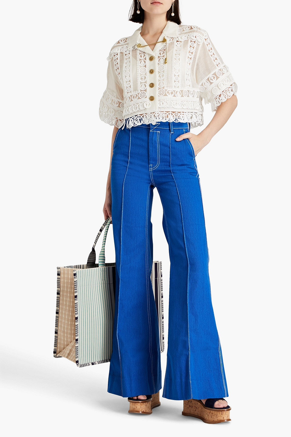 Shop Zimmermann Embroidered High-rise Flared Jeans In Bright Blue