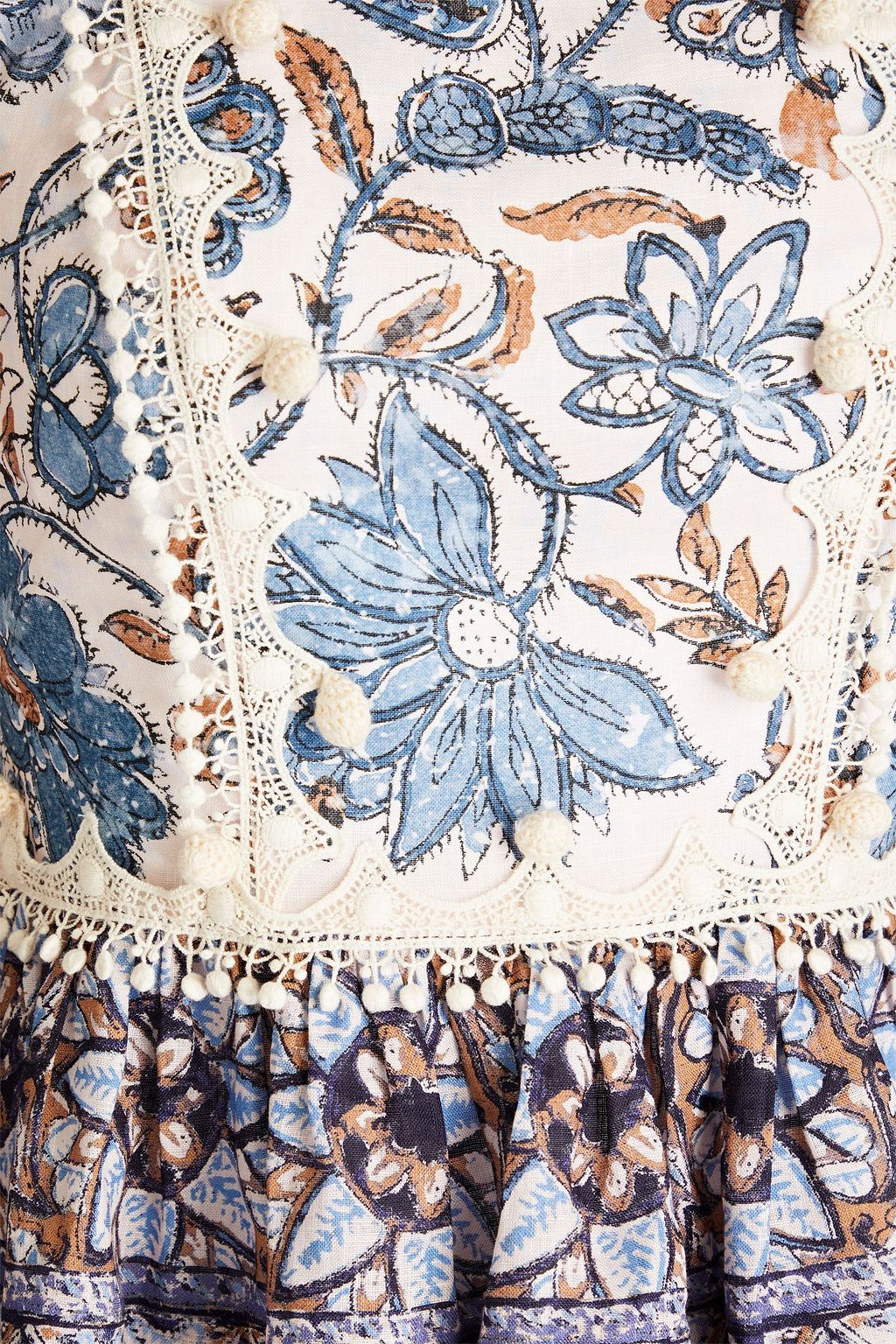 ZIMMERMANN Pompom-embellished floral-print linen peplum top