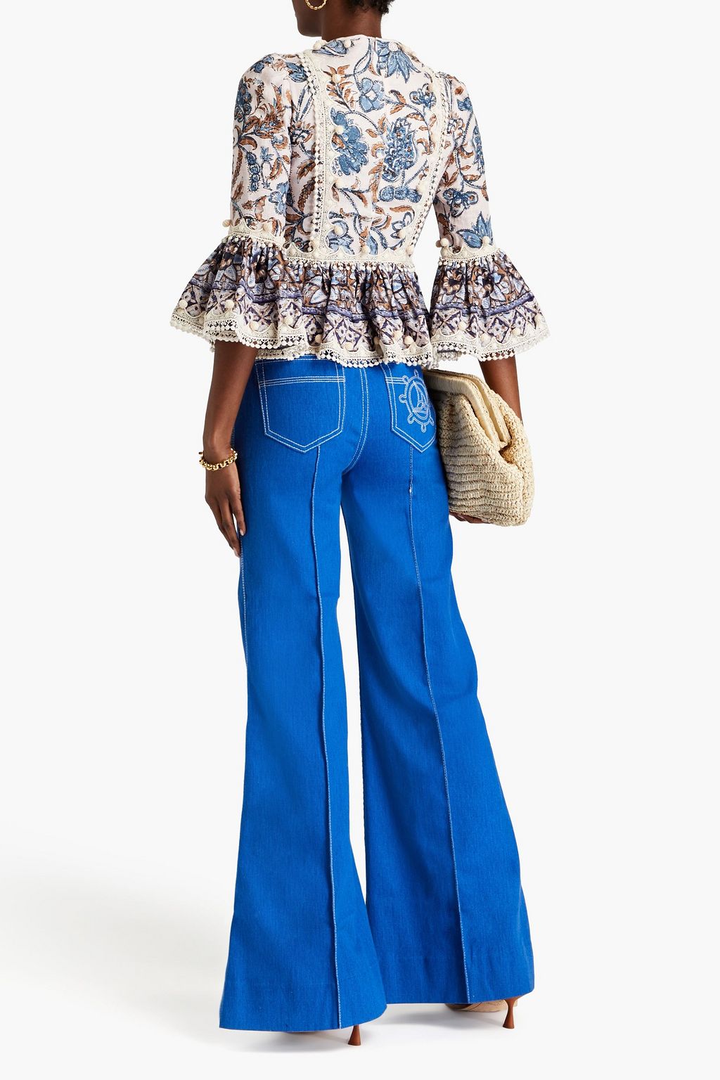 ZIMMERMANN Pompom-embellished floral-print linen peplum top
