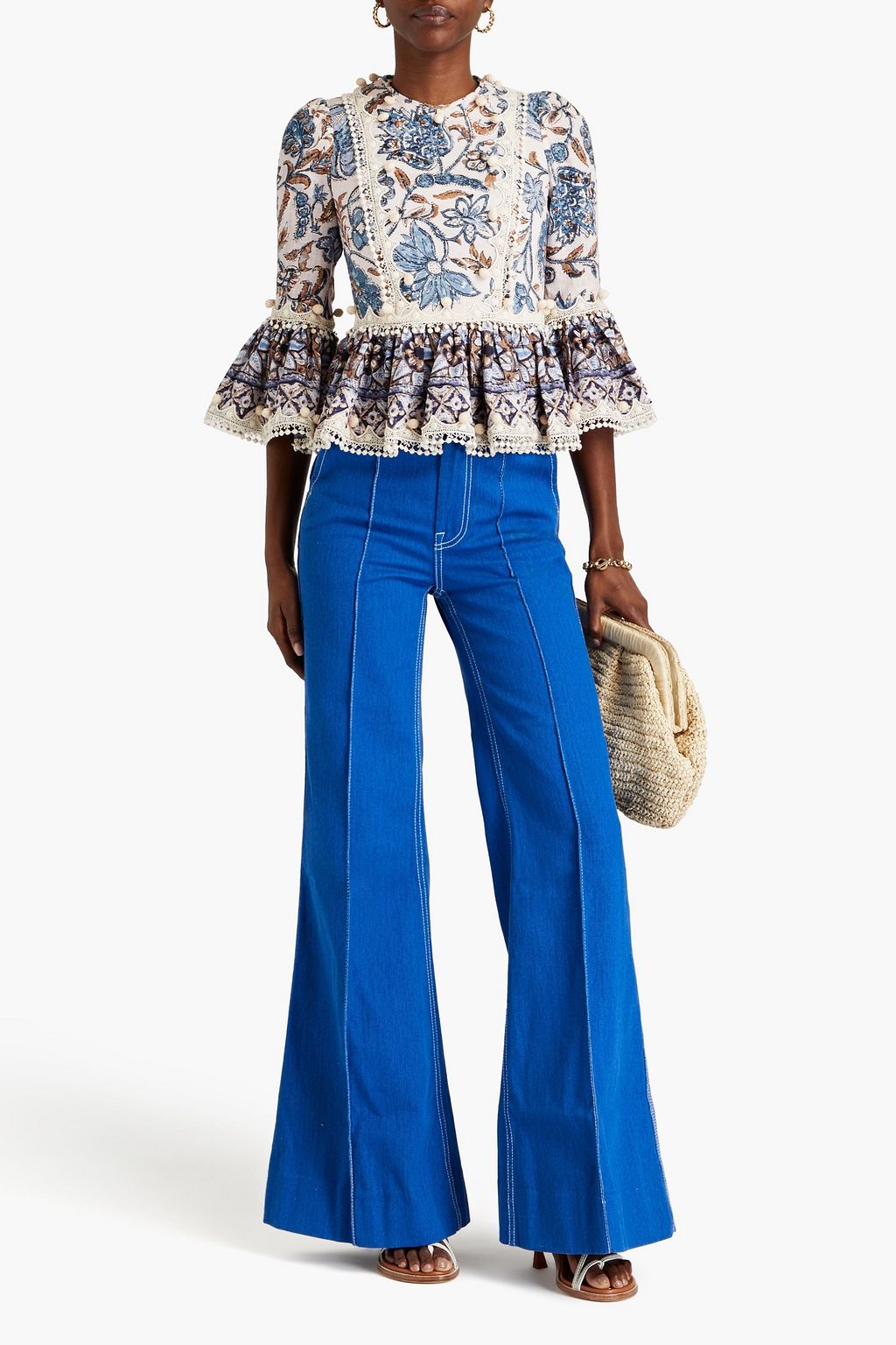 ZIMMERMANN Pompom-embellished floral-print linen peplum top