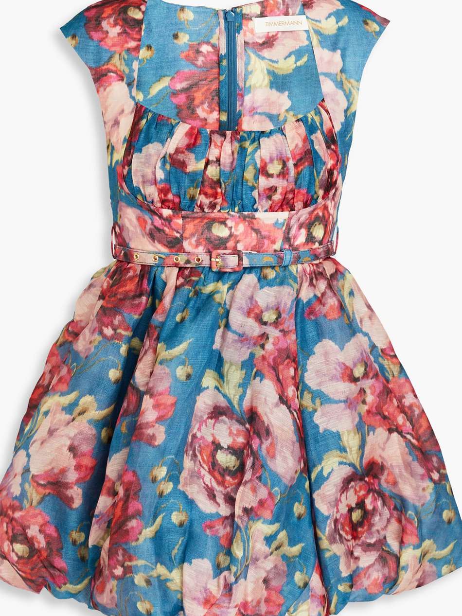 belted floral-print linen and silk-blend mini dress