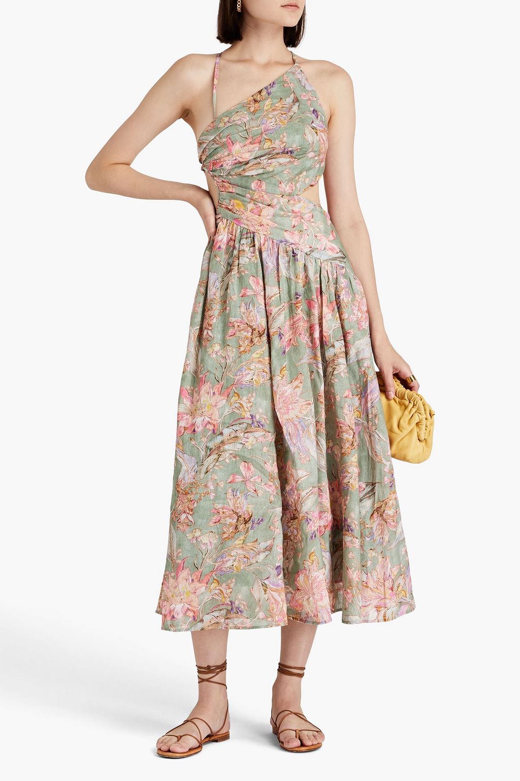 ZIMMERMANN Cutout gathered floral-print linen midi dress