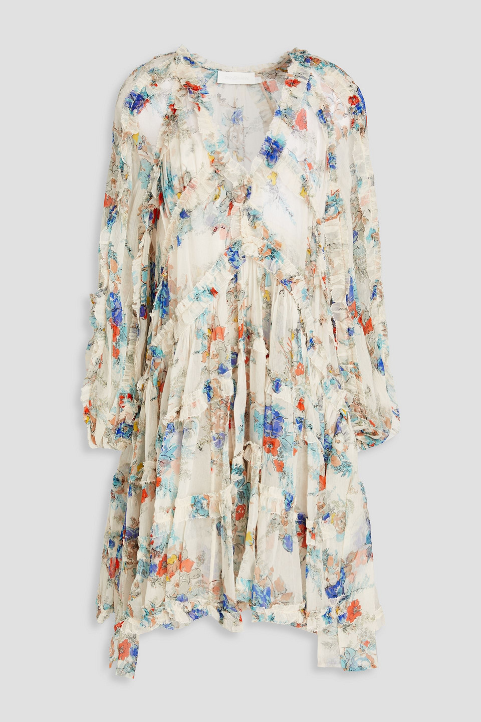 Zimmermann Tiered Floral-print Silk-crepon Mini Dress In Ivory