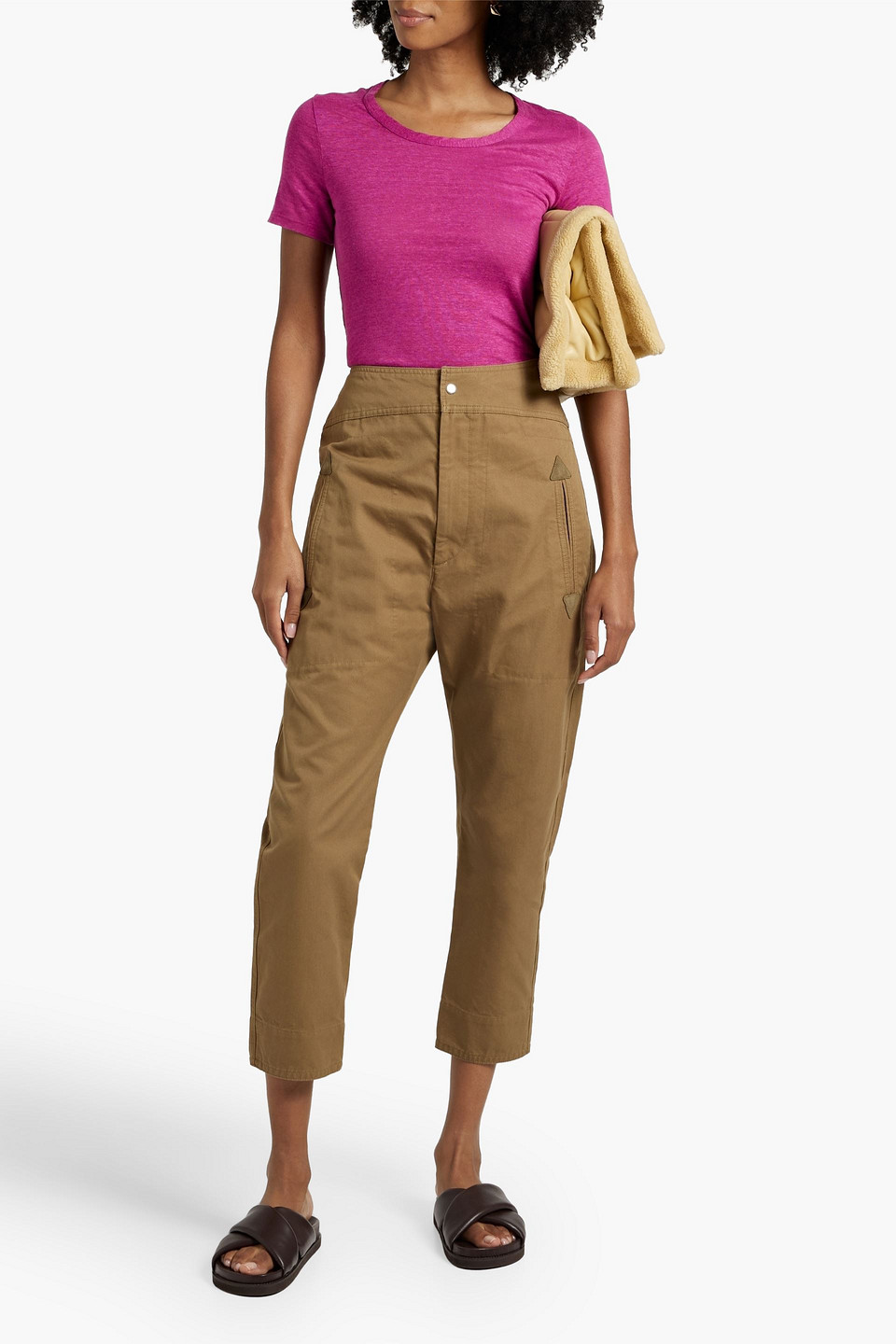 Shop Marant Etoile Raluniae Cropped Cotton Tapered Pants In Beige