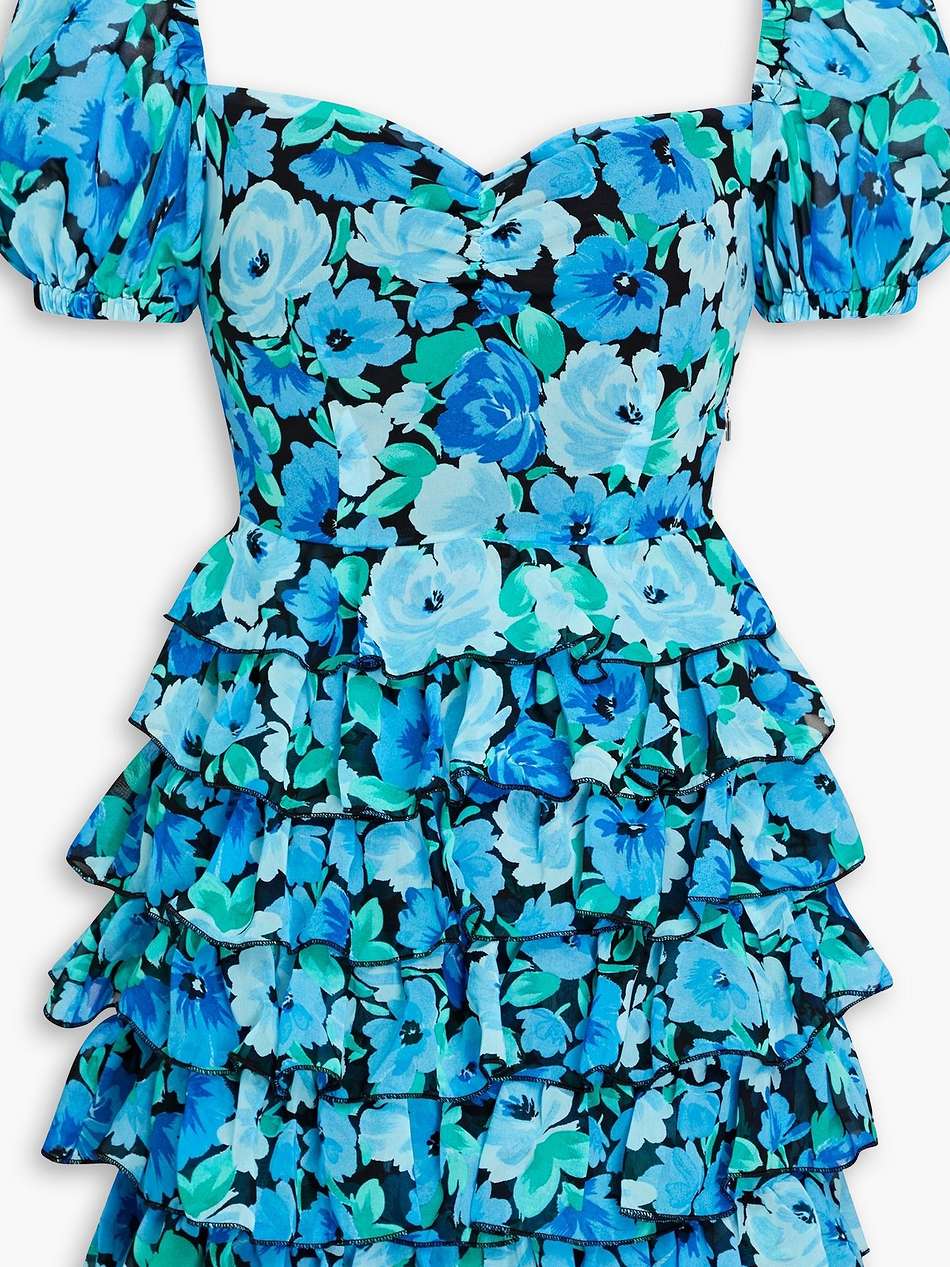 ruffled floral-print chiffon mini dress