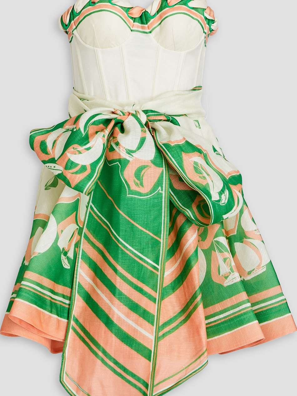 belted printed linen and silk-blend mini dress
