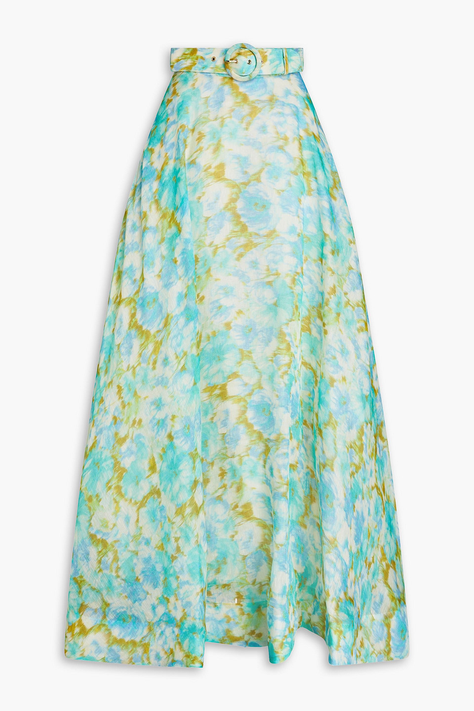 Shop Zimmermann Belted Floral-print Linen And Silk-blend Maxi Skirt In Turquoise