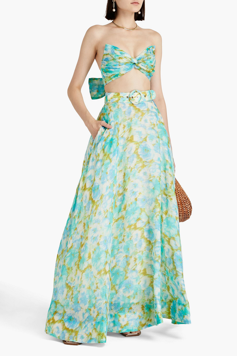 Shop Zimmermann Belted Floral-print Linen And Silk-blend Maxi Skirt In Turquoise