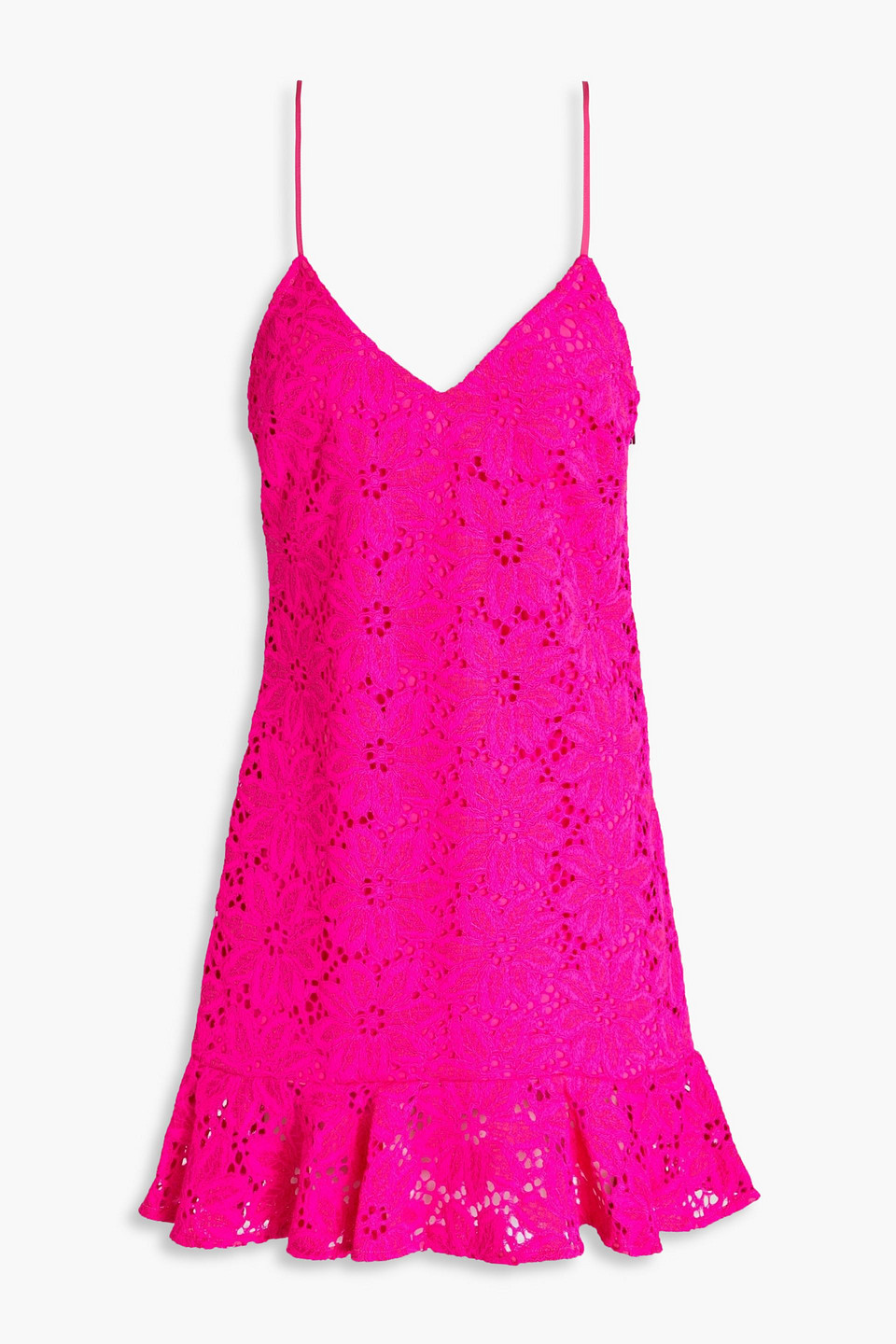 Shop Rotate Birger Christensen Ruffled Corded Lace Mini Dress In Bright Pink