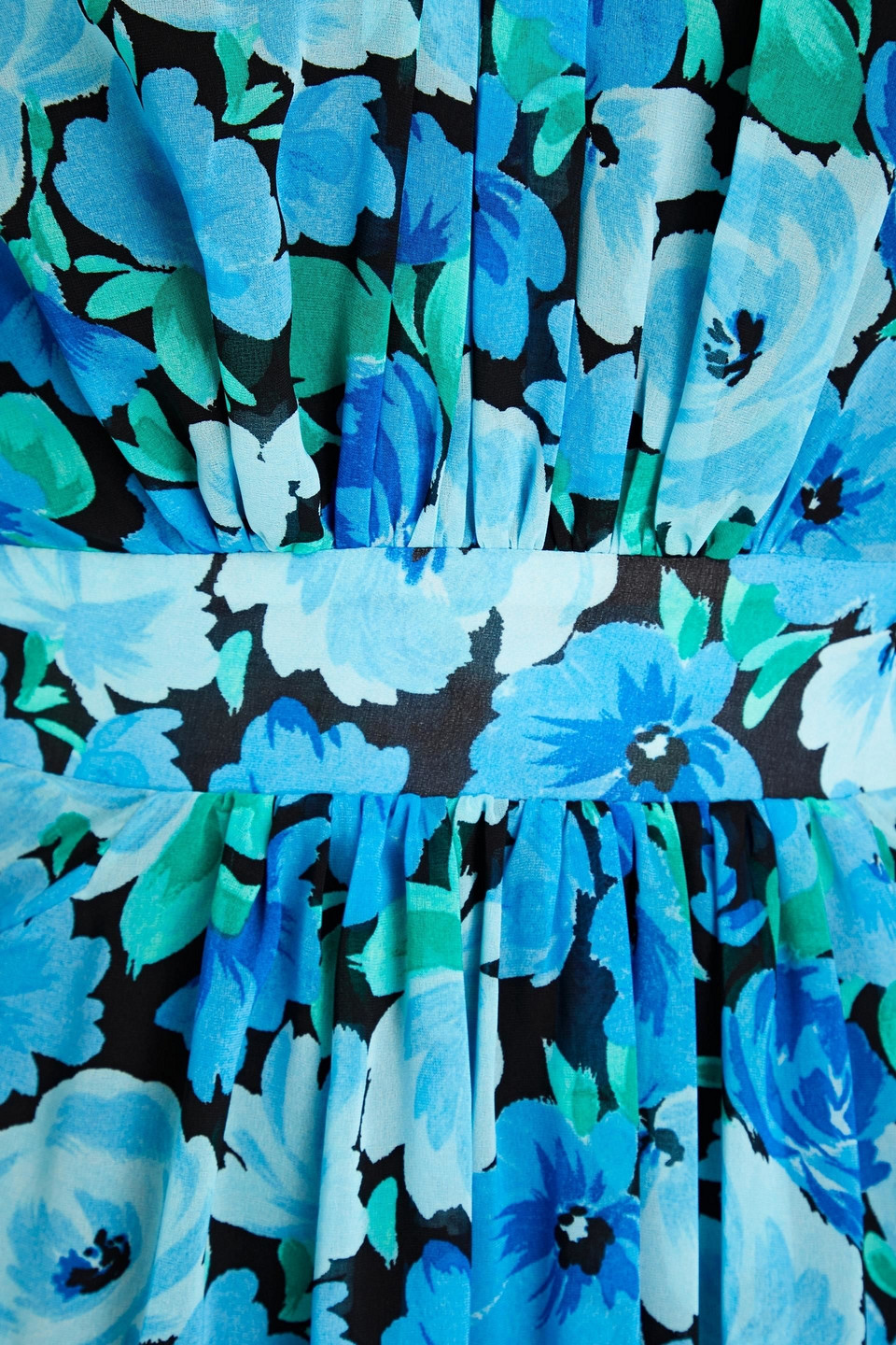 Rotate Birger Christensen Shirred Floral-print Chiffon Midi Dress In Azure