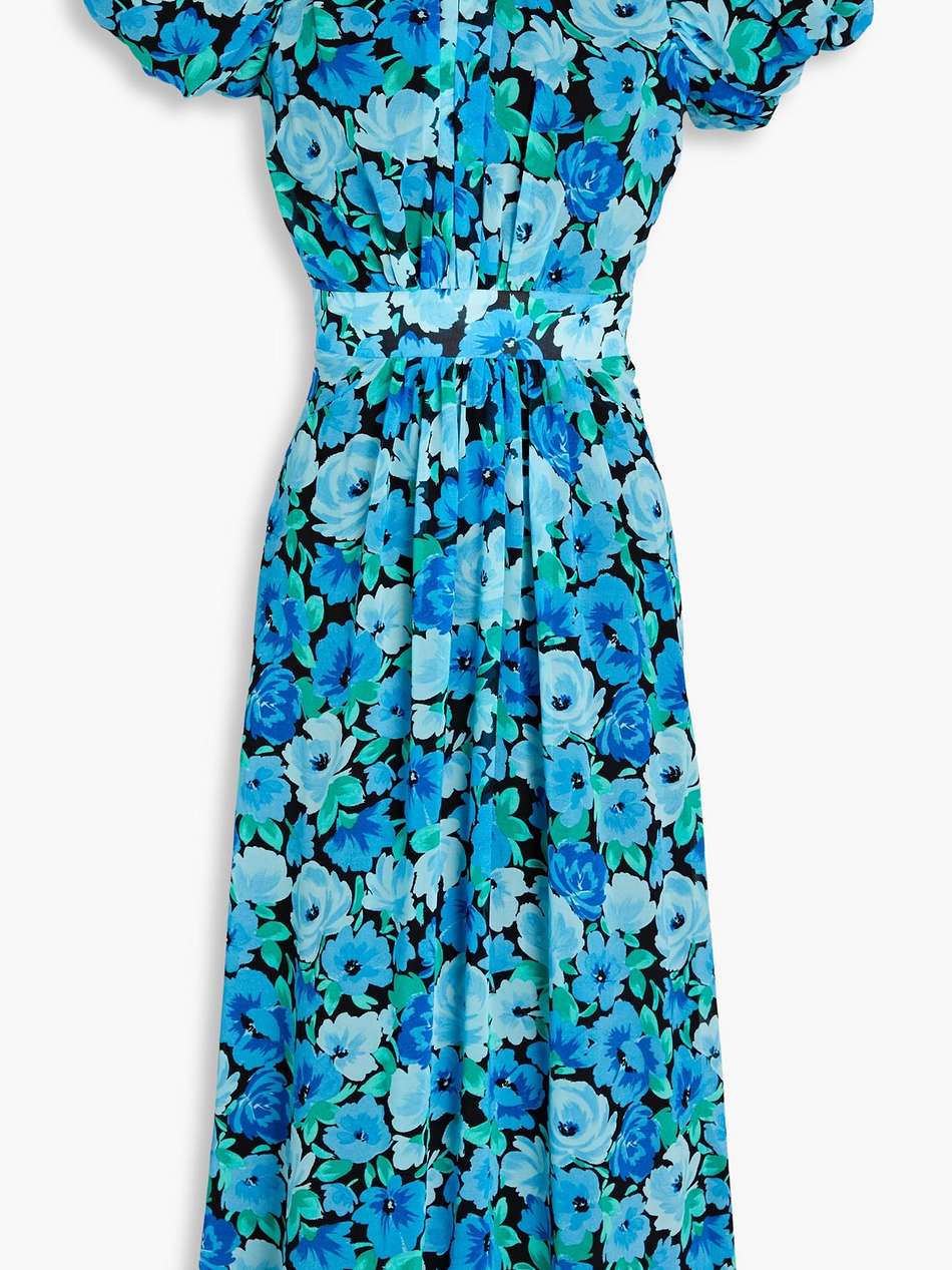 shirred floral-print chiffon midi dress