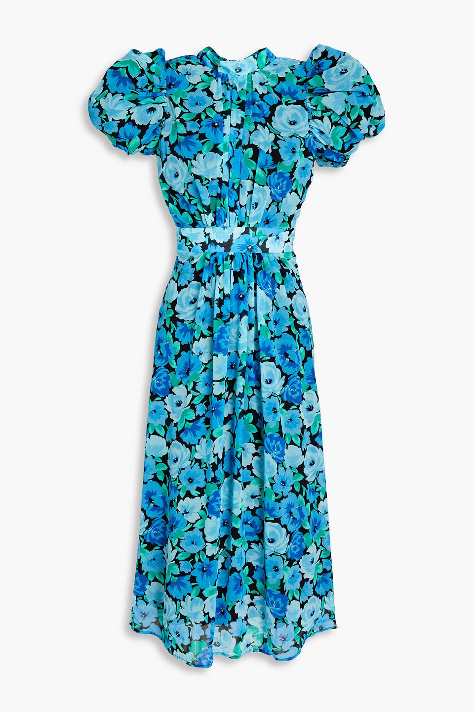 Rotate Birger Christensen Shirred Floral-print Chiffon Midi Dress In Azure