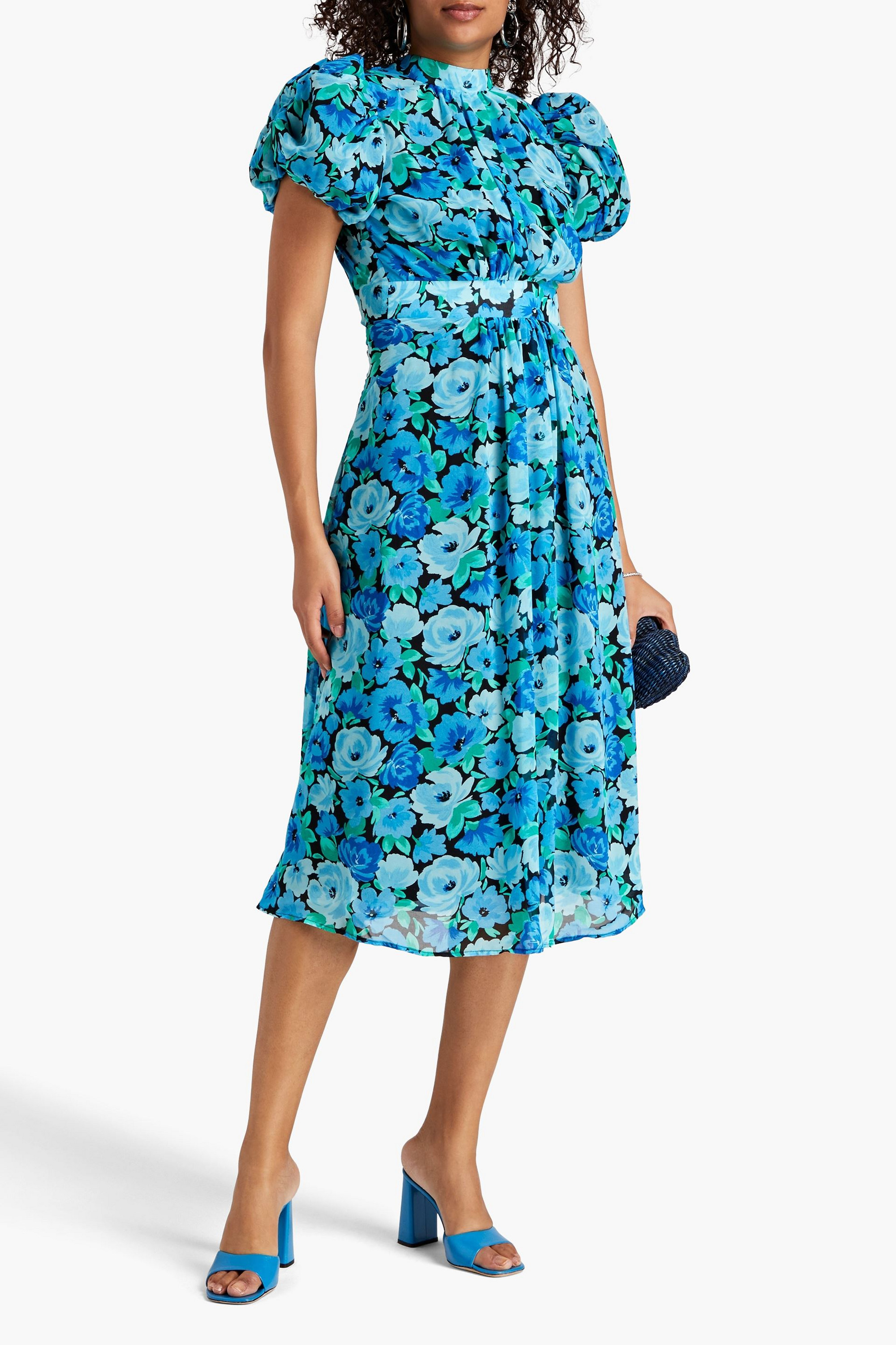 ROTATE Birger Christensen Shirred floral-print chiffon midi dress