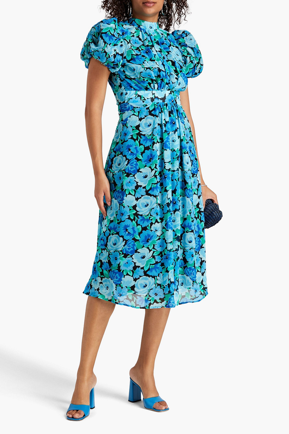 Rotate Birger Christensen Shirred Floral-print Chiffon Midi Dress In Azure