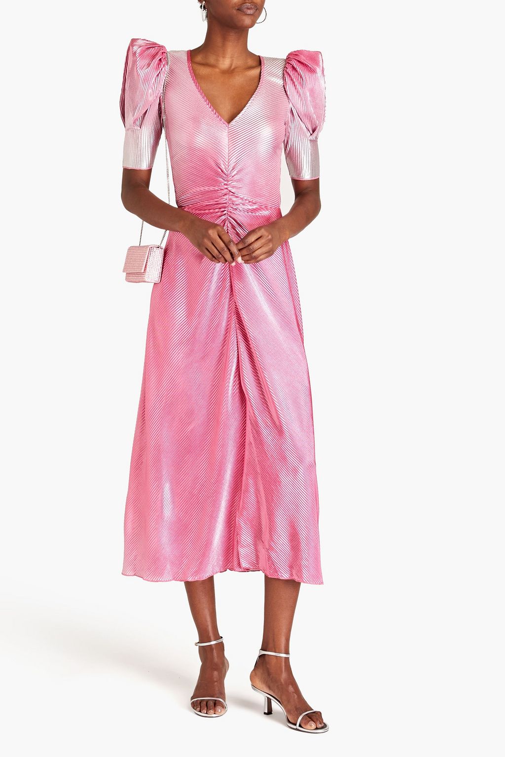 ROTATE BIRGER CHRISTENSEN Ruched metallic plissé-satin midi dress