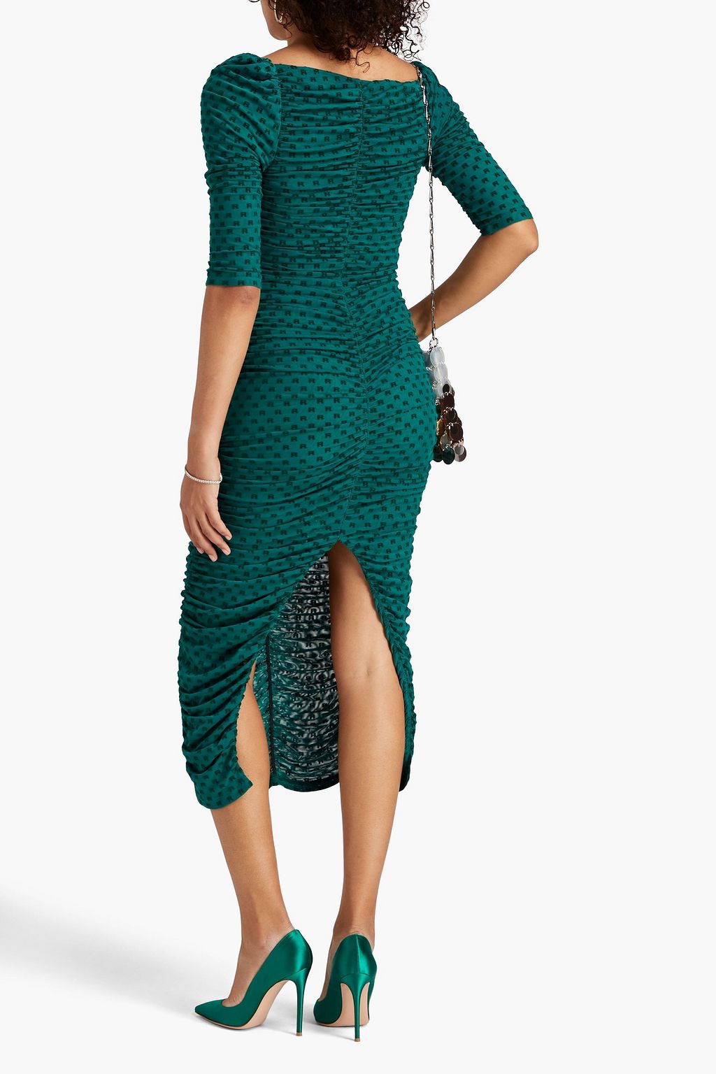 ROTATE BIRGER CHRISTENSEN Ruched flocked mesh midi dress