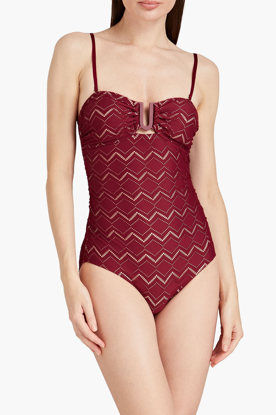 Shop Zimmermann Pointelle-knit Bandeau Swimsuit In Merlot