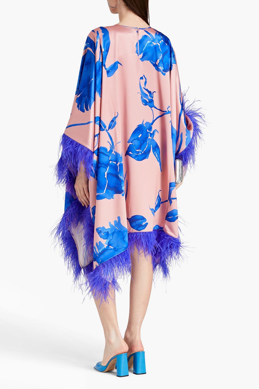 HUISHAN ZHANG Kleid aus Satin mit floralem Print und Federverzierung