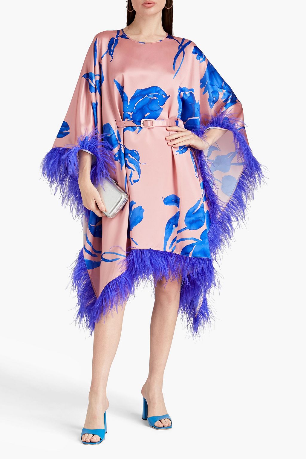 HUISHAN ZHANG Kleid aus Satin mit floralem Print und Federverzierung