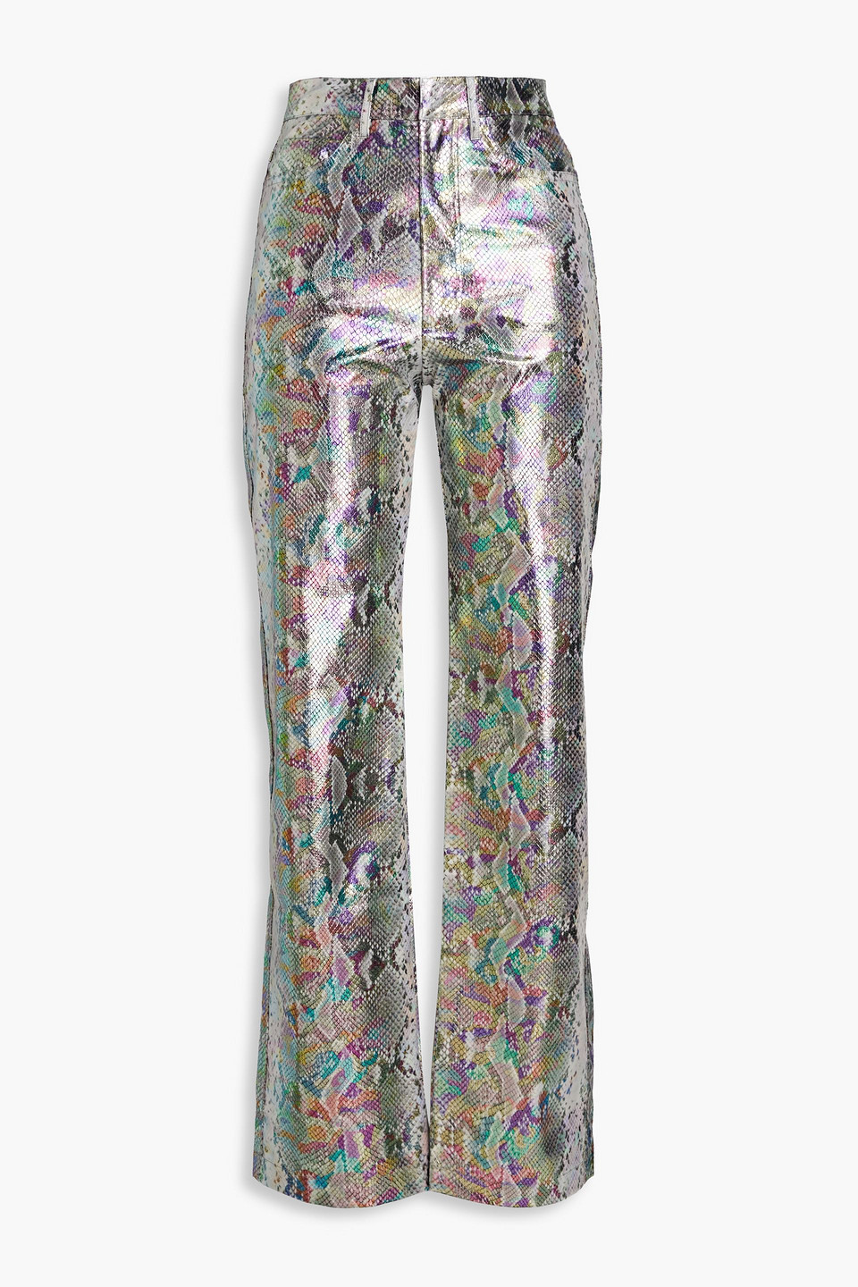 Metallic faux snake-effect leather straight-leg pants