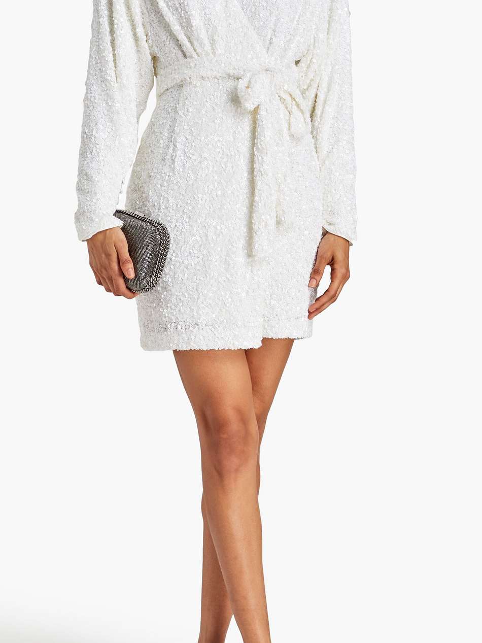 sequined mesh mini wrap dress