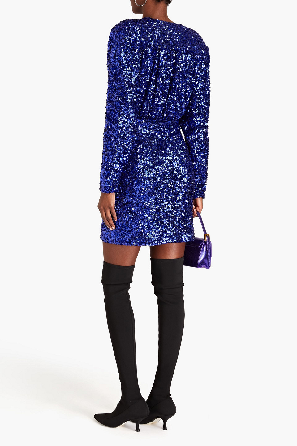 Rotate Birger Christensen Belted Sequined Tulle Mini Wrap Dress In Indigo