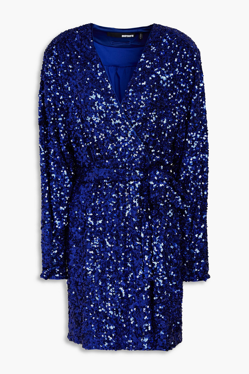 Rotate Birger Christensen Belted Sequined Tulle Mini Wrap Dress In Indigo