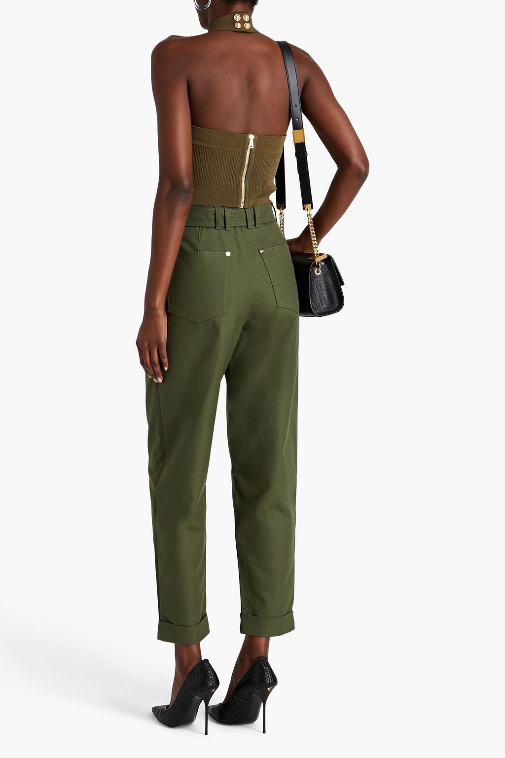 BALMAIN Cropped cutout ribbed-knit halterneck top