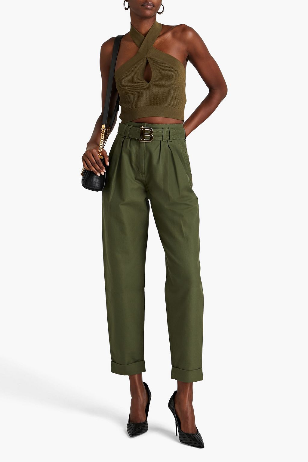 BALMAIN Cropped cutout ribbed-knit halterneck top