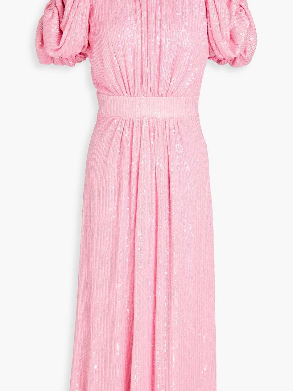 ruched sequined mesh midi dress