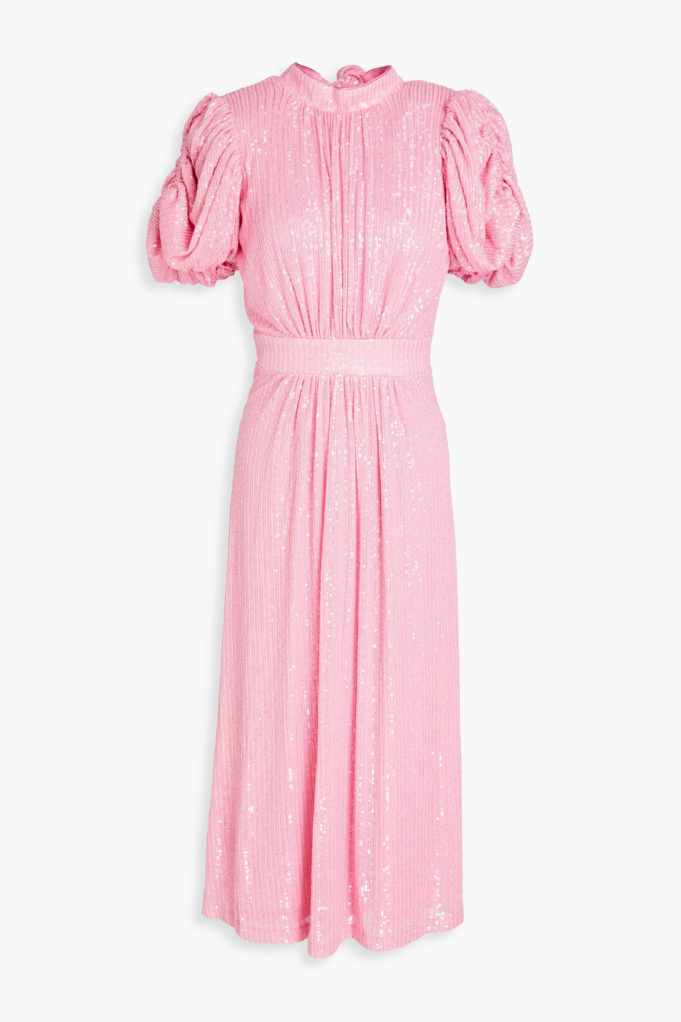 Shop Rotate Birger Christensen Ruched Sequined Mesh Midi Dress In Baby Pink