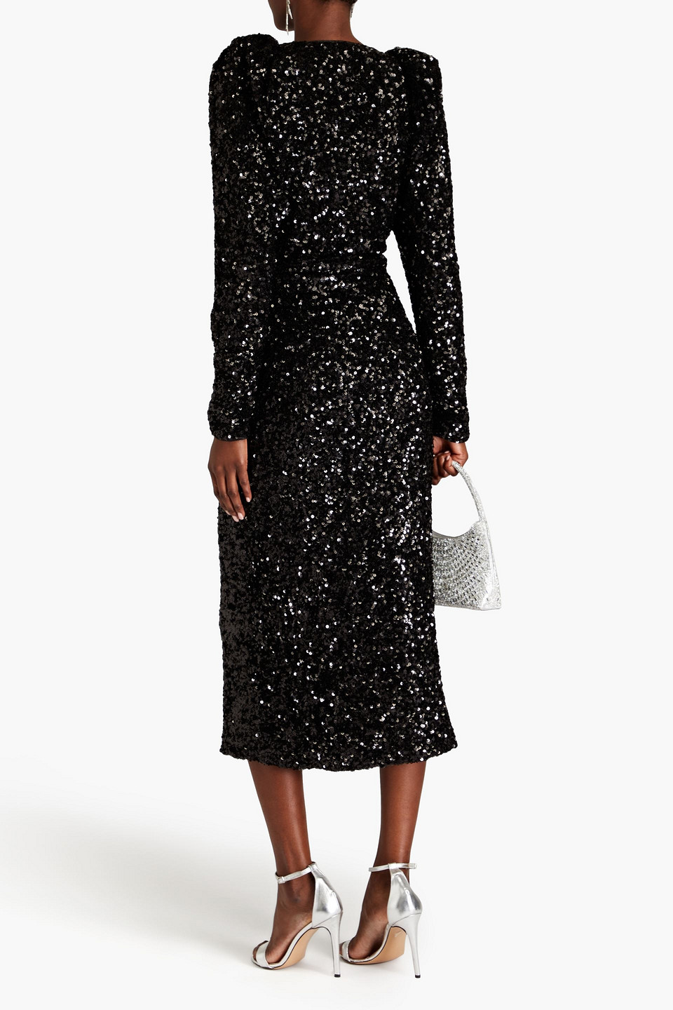 Rotate Birger Christensen Sequined Mesh Midi Wrap Dress In Black