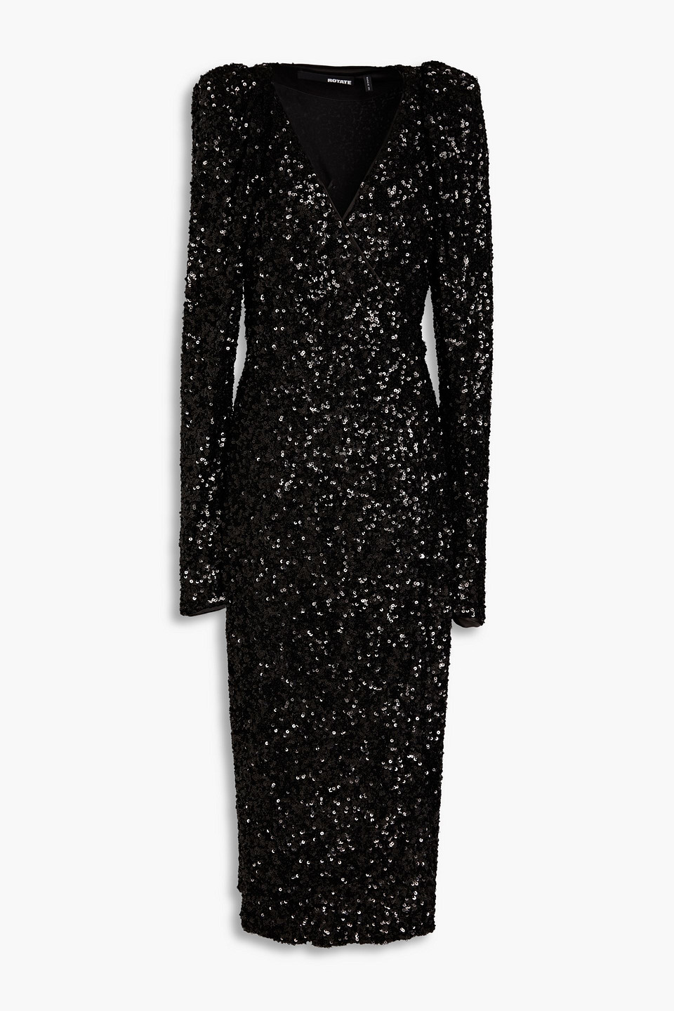 Rotate Birger Christensen Sequined Mesh Midi Wrap Dress In Black
